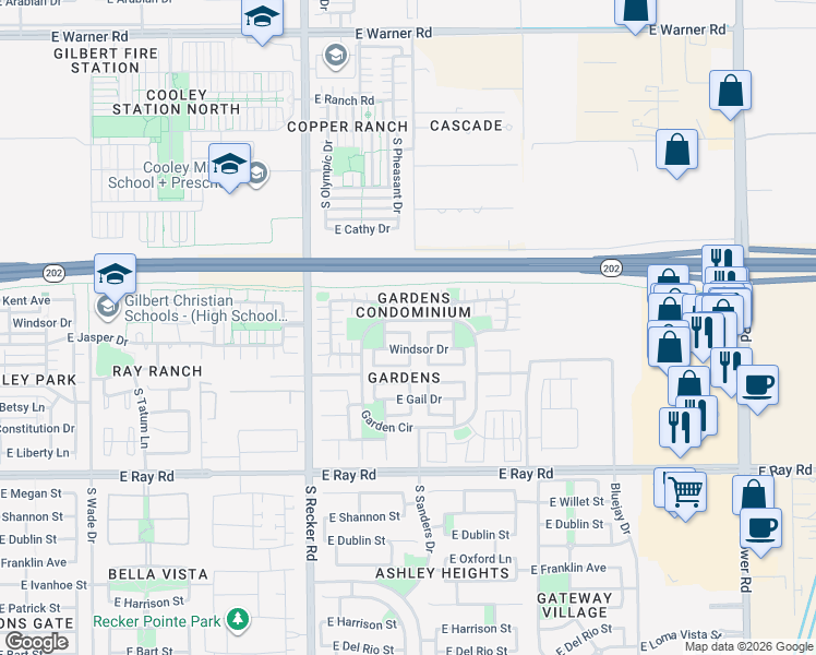 map of restaurants, bars, coffee shops, grocery stores, and more near 4163 East Jasper Drive in Gilbert