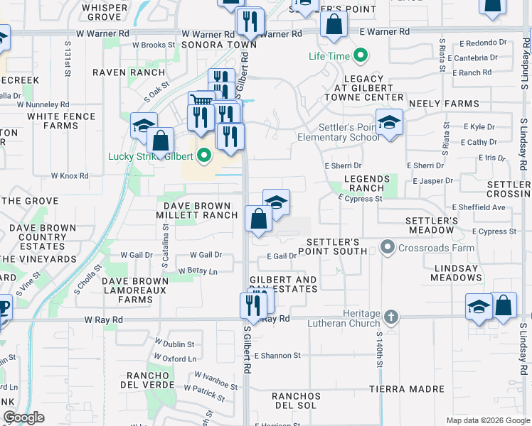 map of restaurants, bars, coffee shops, grocery stores, and more near 1245 South Gilbert Road in Gilbert