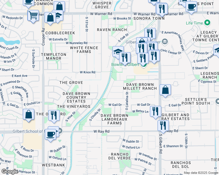 map of restaurants, bars, coffee shops, grocery stores, and more near 311 West Eagle Lane in Gilbert