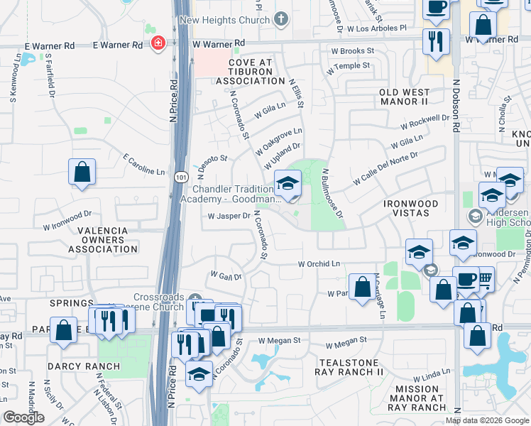 map of restaurants, bars, coffee shops, grocery stores, and more near 2327 West Calle Del Norte in Chandler