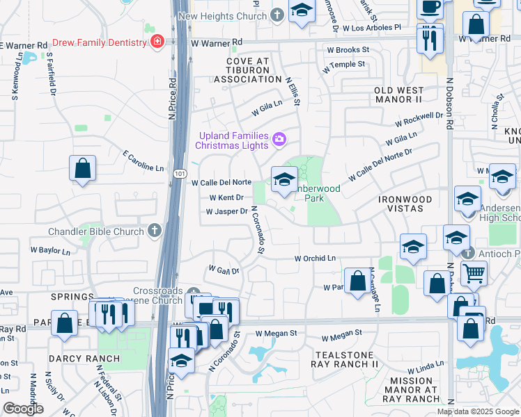 map of restaurants, bars, coffee shops, grocery stores, and more near 2327 West Calle Del Norte in Chandler