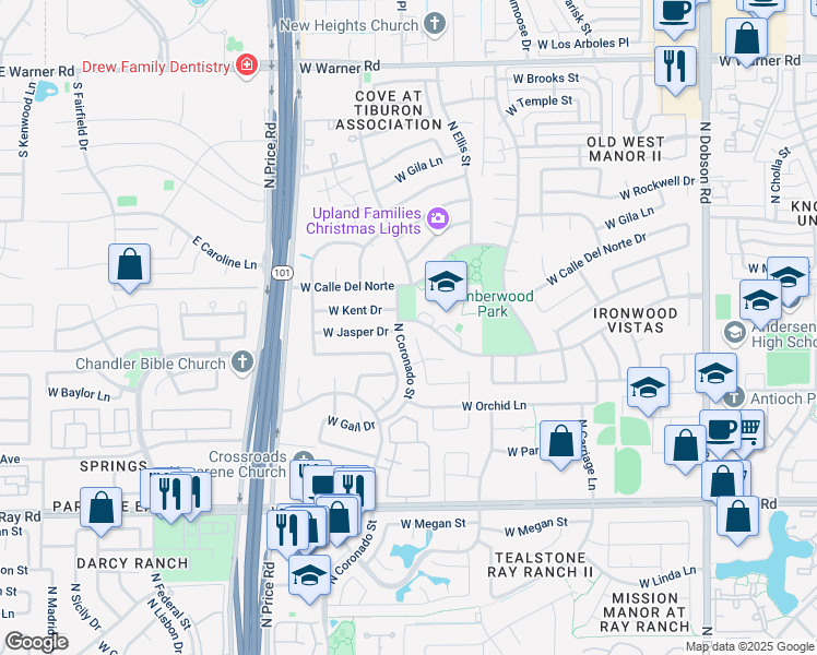 map of restaurants, bars, coffee shops, grocery stores, and more near 2327 West Calle Del Norte in Chandler