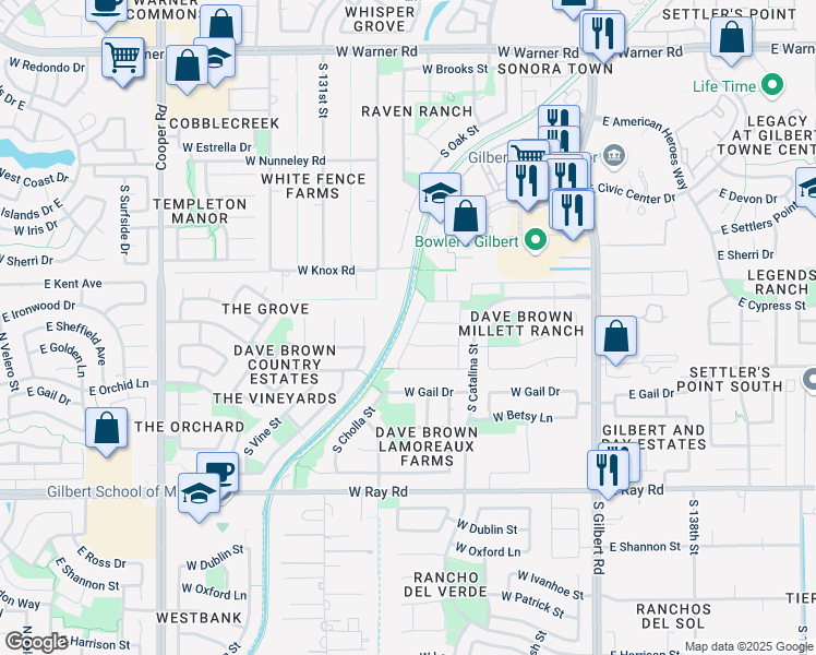 map of restaurants, bars, coffee shops, grocery stores, and more near 311 West Eagle Lane in Gilbert