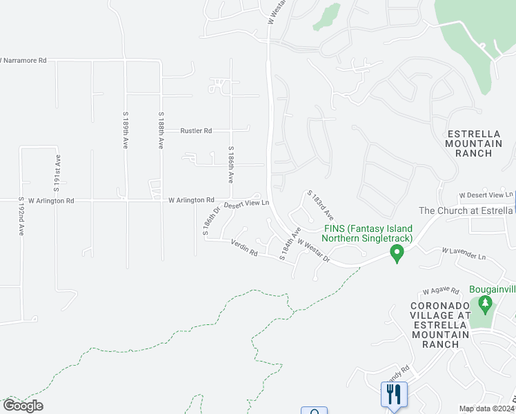 map of restaurants, bars, coffee shops, grocery stores, and more near 18487 West Desert View Lane in Goodyear