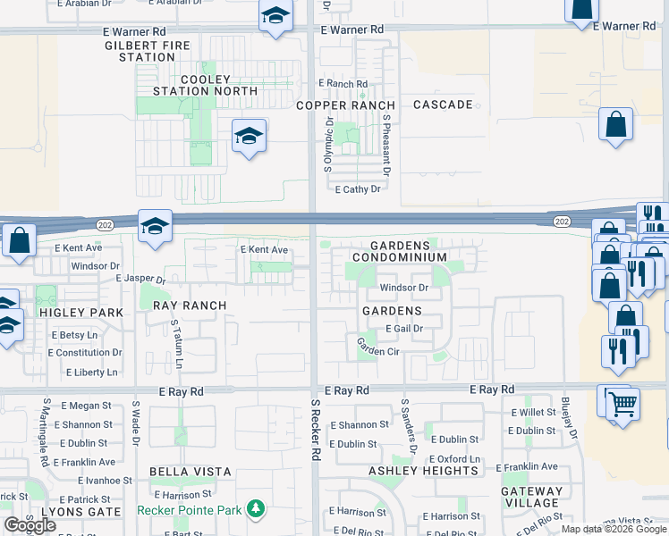 map of restaurants, bars, coffee shops, grocery stores, and more near 1292 South Sabino Drive in Gilbert