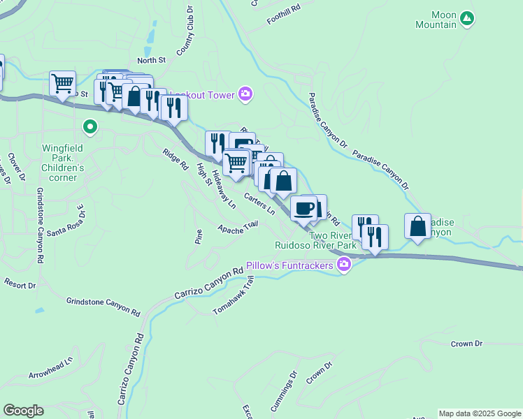map of restaurants, bars, coffee shops, grocery stores, and more near 100-198 South Willow Road in Ruidoso
