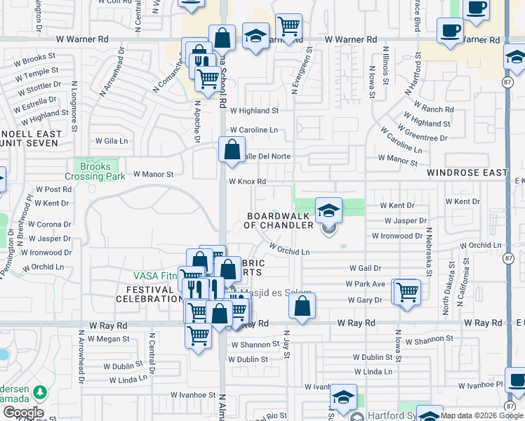 map of restaurants, bars, coffee shops, grocery stores, and more near 21 West Knox Road in Chandler