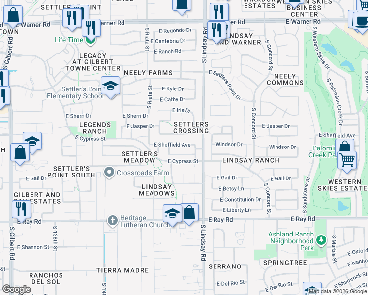 map of restaurants, bars, coffee shops, grocery stores, and more near 691 East Eagle Lane in Gilbert