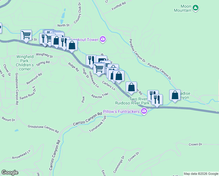 map of restaurants, bars, coffee shops, grocery stores, and more near 100-198 South Willow Road in Ruidoso