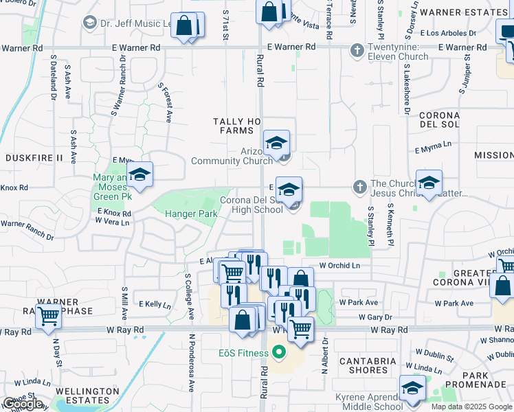 map of restaurants, bars, coffee shops, grocery stores, and more near 9411 South Palm Drive in Tempe