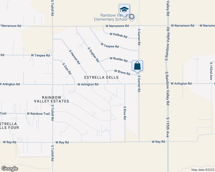 map of restaurants, bars, coffee shops, grocery stores, and more near 19937 West Arlington Road in Buckeye