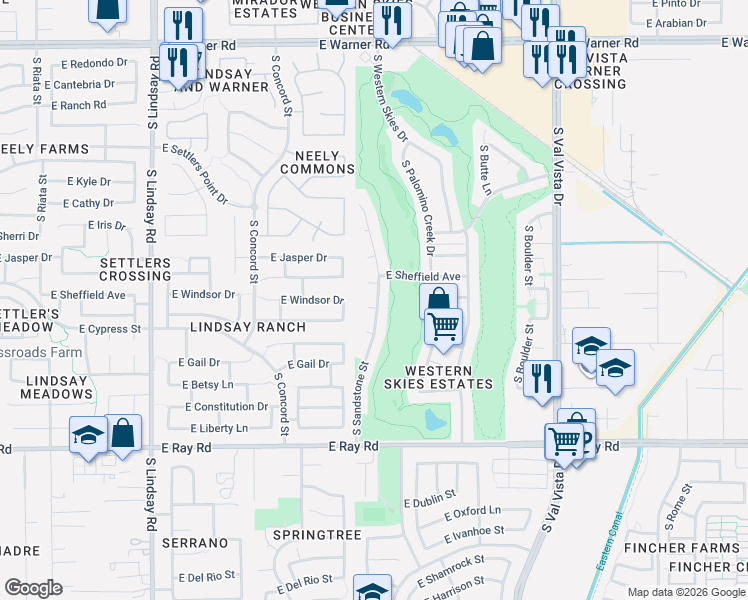 map of restaurants, bars, coffee shops, grocery stores, and more near 1240 East Sheffield Court in Gilbert