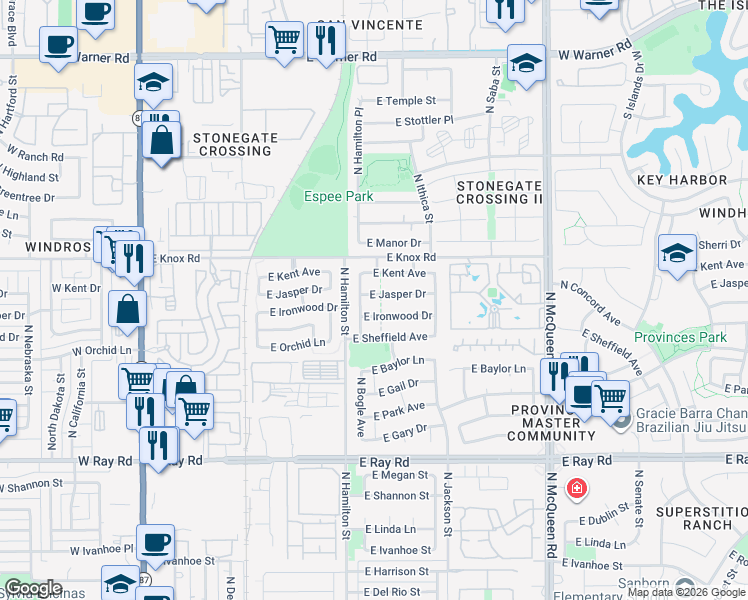 map of restaurants, bars, coffee shops, grocery stores, and more near 681 East Kent Avenue in Chandler