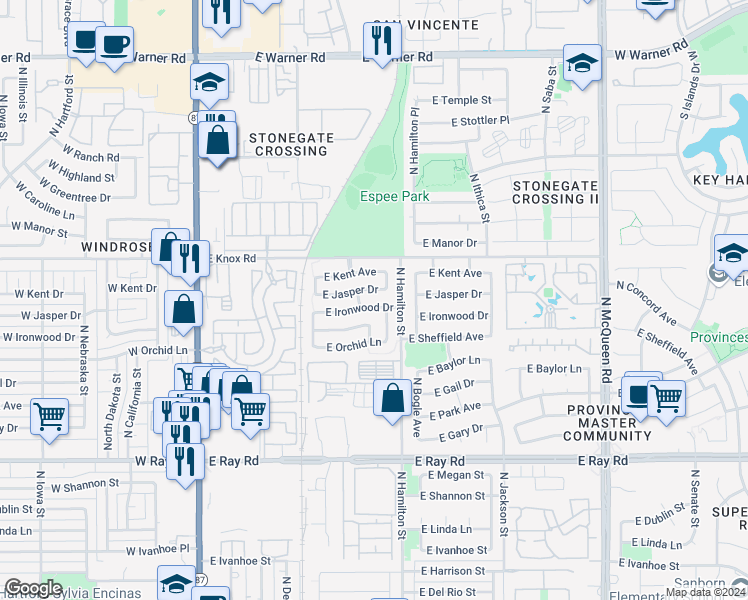 map of restaurants, bars, coffee shops, grocery stores, and more near 532 East Jasper Drive in Chandler