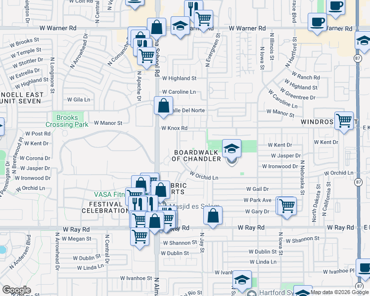 map of restaurants, bars, coffee shops, grocery stores, and more near 21 West Knox Road in Chandler