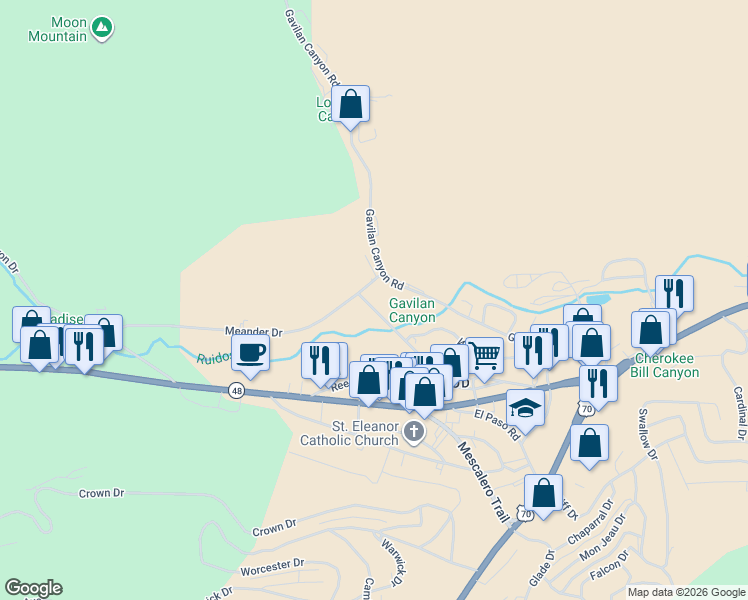 map of restaurants, bars, coffee shops, grocery stores, and more near 183 Meander Drive in Ruidoso