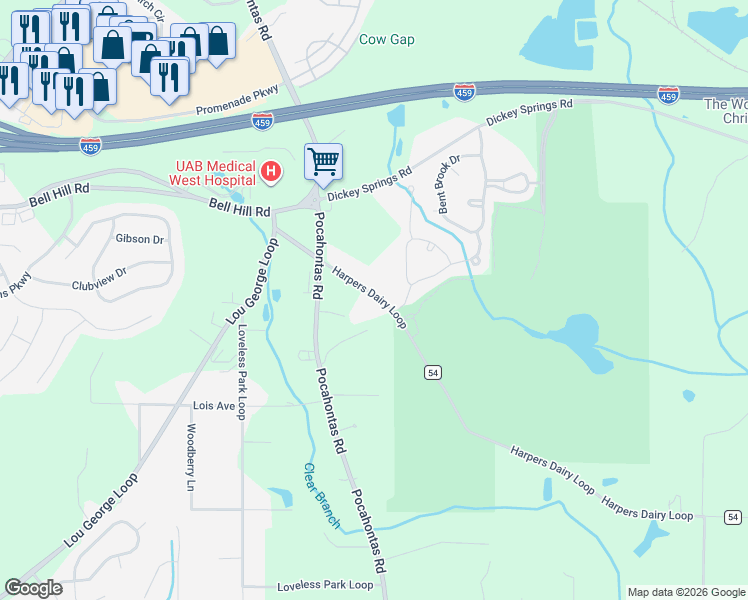map of restaurants, bars, coffee shops, grocery stores, and more near 6174 Harpers Dairy Loop in Bessemer