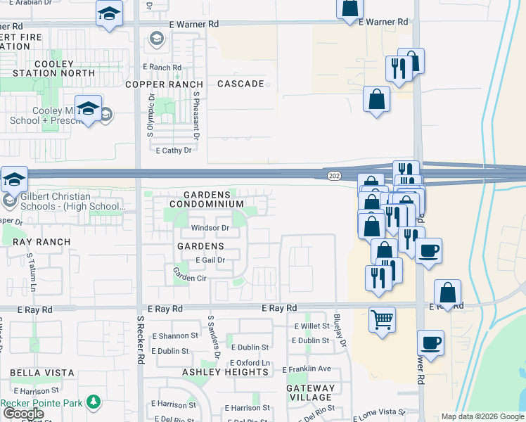 map of restaurants, bars, coffee shops, grocery stores, and more near 1332 South Owl Drive in Gilbert