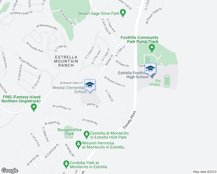 map of restaurants, bars, coffee shops, grocery stores, and more near 17651 West Buckhorn Drive in Goodyear