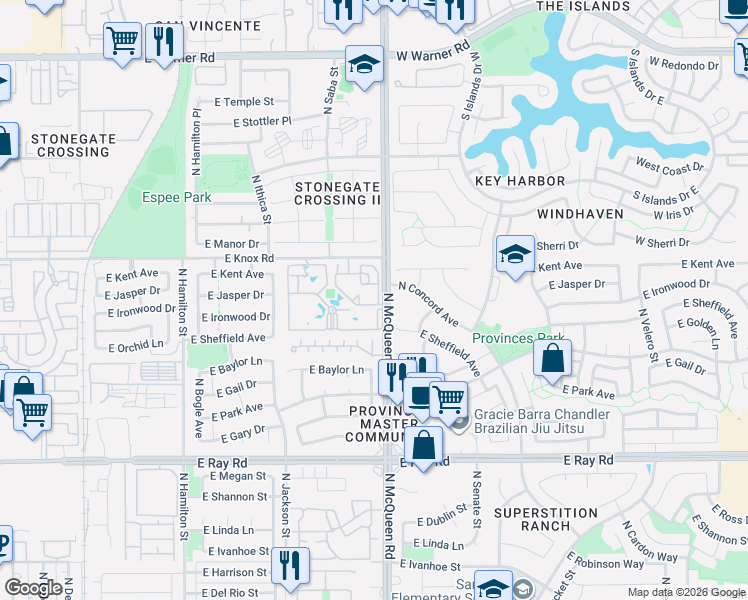 map of restaurants, bars, coffee shops, grocery stores, and more near 955 East Knox Road in Chandler