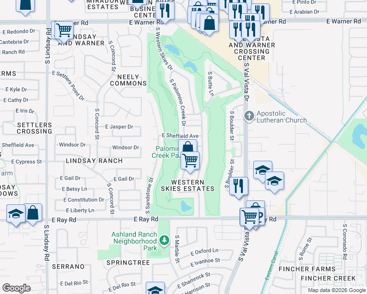 map of restaurants, bars, coffee shops, grocery stores, and more near 1312 South Palomino Creek Drive in Gilbert