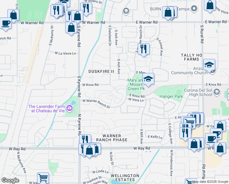 map of restaurants, bars, coffee shops, grocery stores, and more near 179 West Knox Road in Tempe