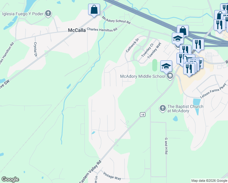 map of restaurants, bars, coffee shops, grocery stores, and more near 5747 Cheshire Cove Circle in McCalla