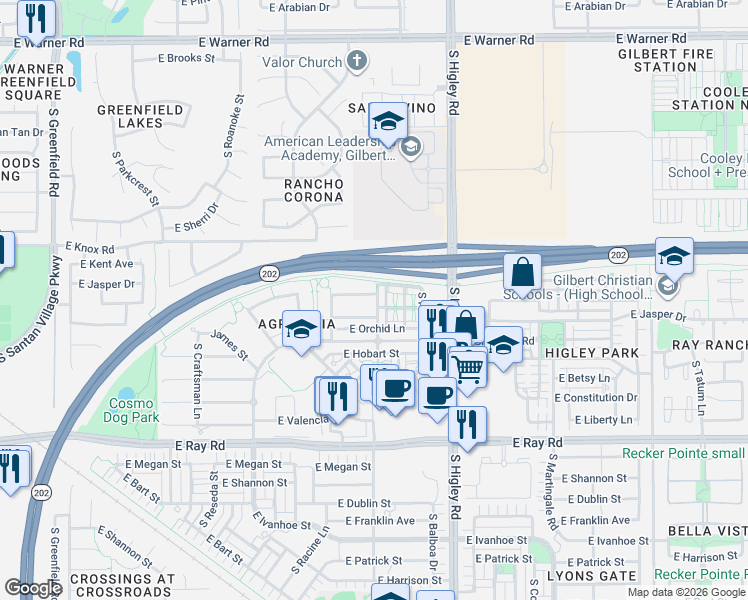 map of restaurants, bars, coffee shops, grocery stores, and more near 3038 East Camellia Drive in Gilbert
