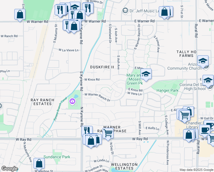 map of restaurants, bars, coffee shops, grocery stores, and more near 217 West Knox Road in Tempe
