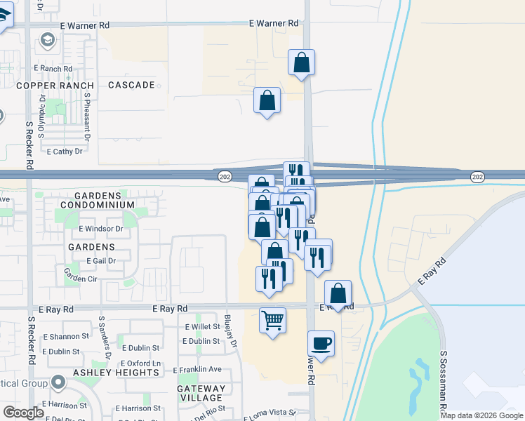map of restaurants, bars, coffee shops, grocery stores, and more near 4900 South Power Road in Mesa