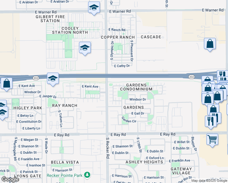 map of restaurants, bars, coffee shops, grocery stores, and more near 1292 South Sabino Drive in Gilbert