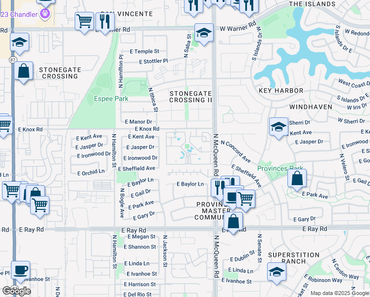 map of restaurants, bars, coffee shops, grocery stores, and more near 955 East Knox Road in Chandler