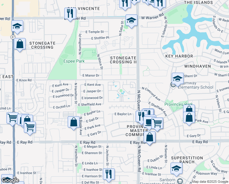 map of restaurants, bars, coffee shops, grocery stores, and more near 1320 North McQueen Road in Chandler