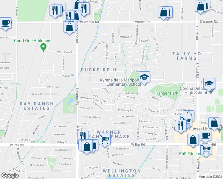 map of restaurants, bars, coffee shops, grocery stores, and more near 179 West Knox Road in Tempe