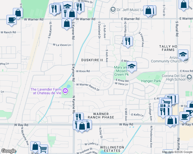 map of restaurants, bars, coffee shops, grocery stores, and more near 217 West Knox Road in Tempe