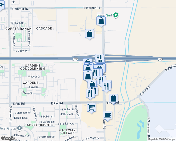 map of restaurants, bars, coffee shops, grocery stores, and more near 5020 South Power Road in Mesa