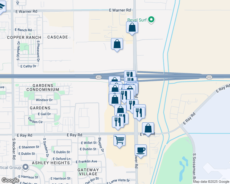 map of restaurants, bars, coffee shops, grocery stores, and more near 5020 South Power Road in Mesa