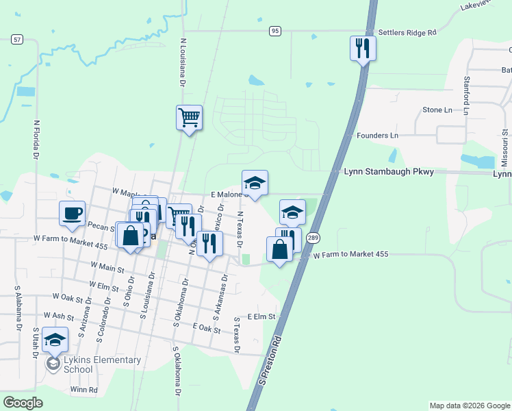 map of restaurants, bars, coffee shops, grocery stores, and more near 507 East Malone Street in Celina