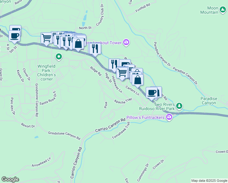 map of restaurants, bars, coffee shops, grocery stores, and more near Ridge Road in Ruidoso