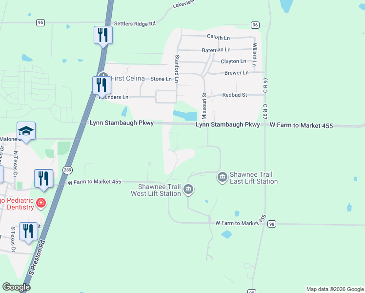 map of restaurants, bars, coffee shops, grocery stores, and more near 445 Crown Ridge Court in Celina