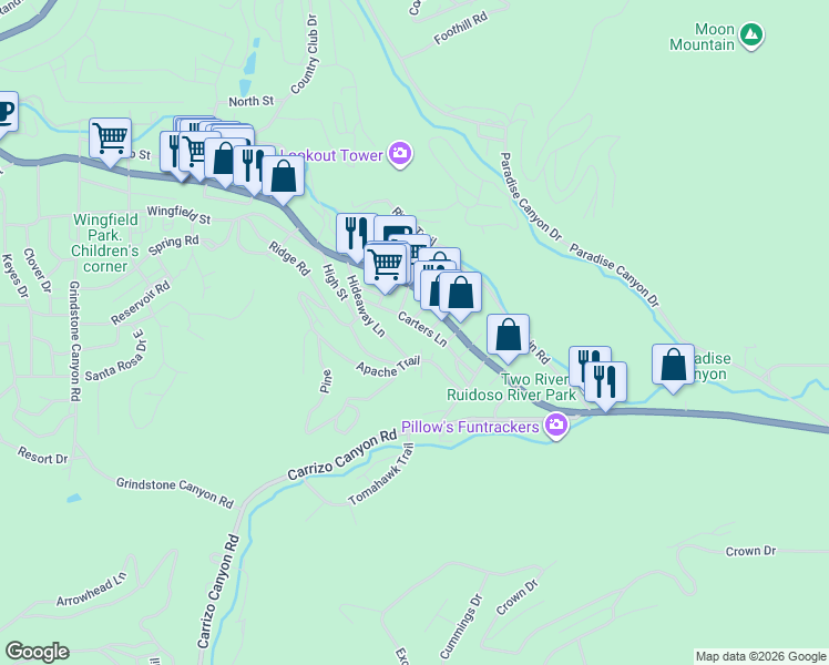 map of restaurants, bars, coffee shops, grocery stores, and more near 100-198 South Willow Road in Ruidoso
