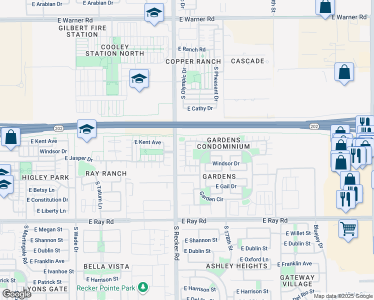 map of restaurants, bars, coffee shops, grocery stores, and more near 1292 South Sabino Drive in Gilbert