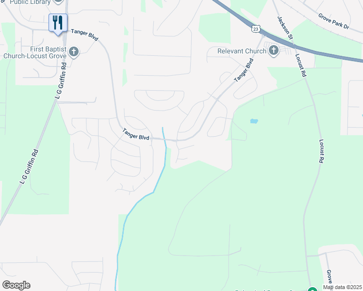 map of restaurants, bars, coffee shops, grocery stores, and more near 205 Sableshire Way in Locust Grove