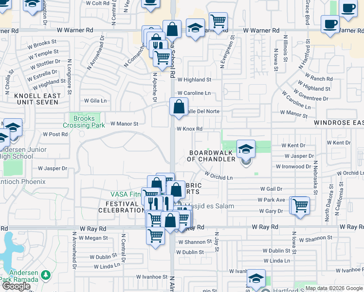 map of restaurants, bars, coffee shops, grocery stores, and more near 1361 North Alma School Road in Chandler