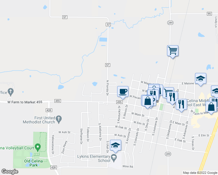 map of restaurants, bars, coffee shops, grocery stores, and more near 734 Mulberry Court in Celina