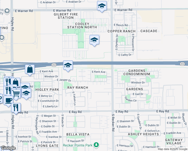 map of restaurants, bars, coffee shops, grocery stores, and more near 1296 South Loback Lane in Gilbert