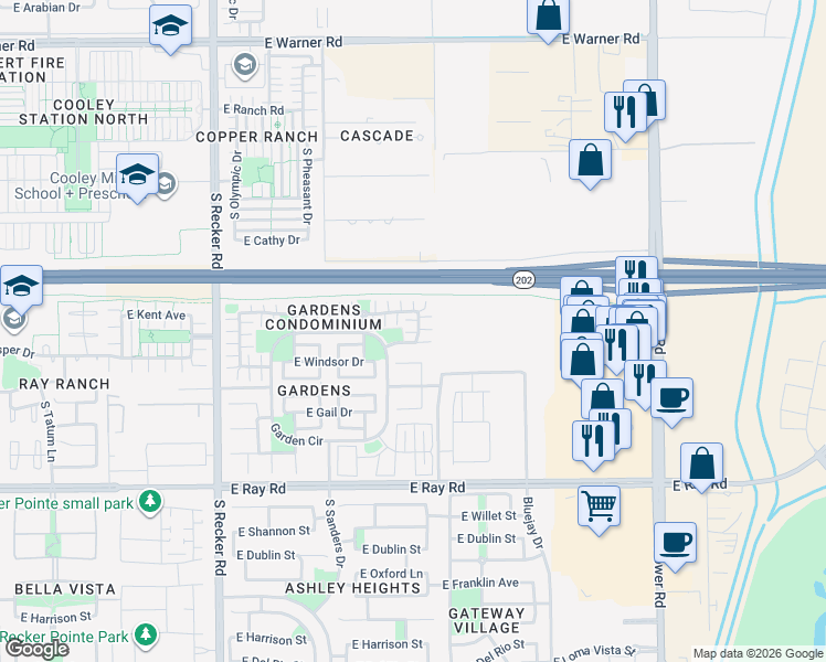 map of restaurants, bars, coffee shops, grocery stores, and more near 1305 South Owl Drive in Gilbert