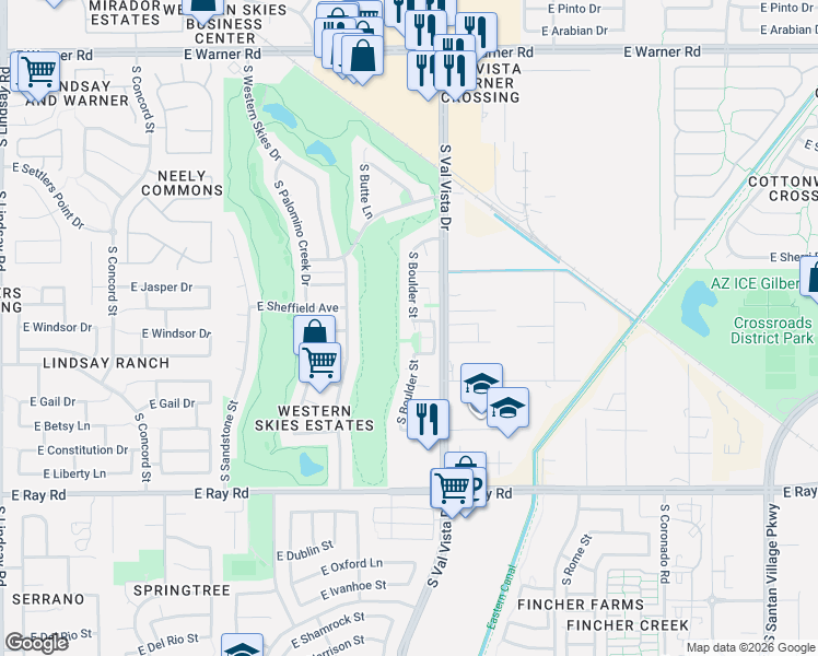 map of restaurants, bars, coffee shops, grocery stores, and more near 1260 South Boulder Street in Gilbert