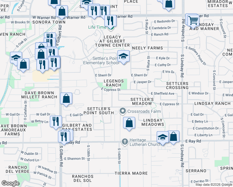 map of restaurants, bars, coffee shops, grocery stores, and more near 404 East Sheffield Avenue in Gilbert