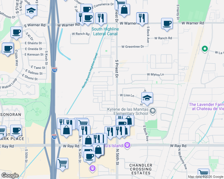 map of restaurants, bars, coffee shops, grocery stores, and more near 7081 West Knox Road in Chandler